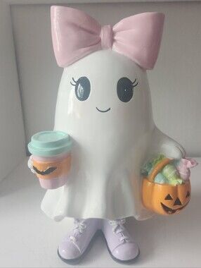 Resin Ghost Figurine With Pink Bow Purple Boots Holding Coffee & Pumpkin 13in